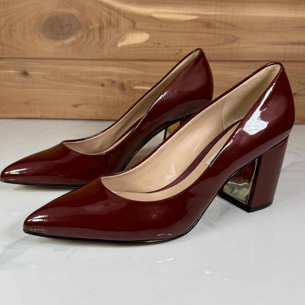 Karl Lagerfeld Paris Addie Burgundy Patent Leather Block Heel Pumps Size 6M 36B